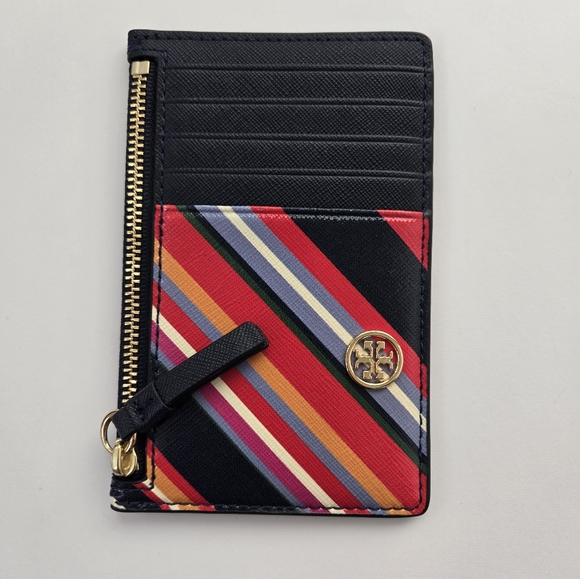 Tory Burch Handbags - TORY BURCH Kira Slim Top Zip Card Case Holder Robinson Pebbled Leather Stripe